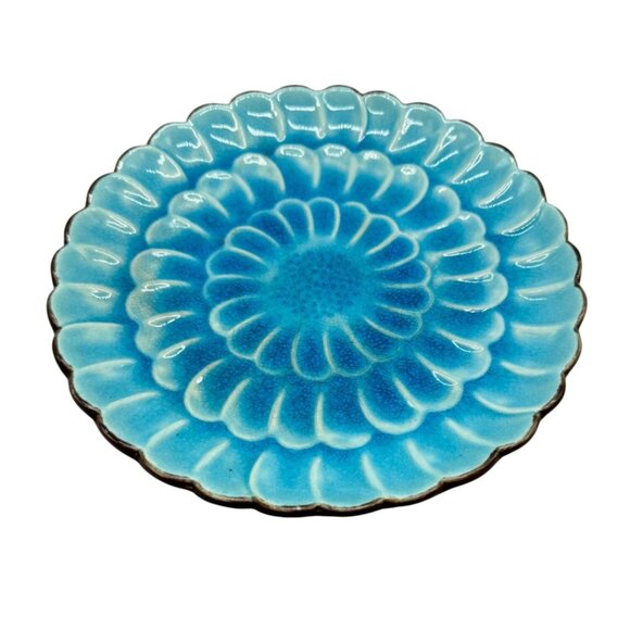 Blue Ceramic Pedestal Plate Scalloped Design Crackle & Brown Base Serving READ - Picture 1 of 6